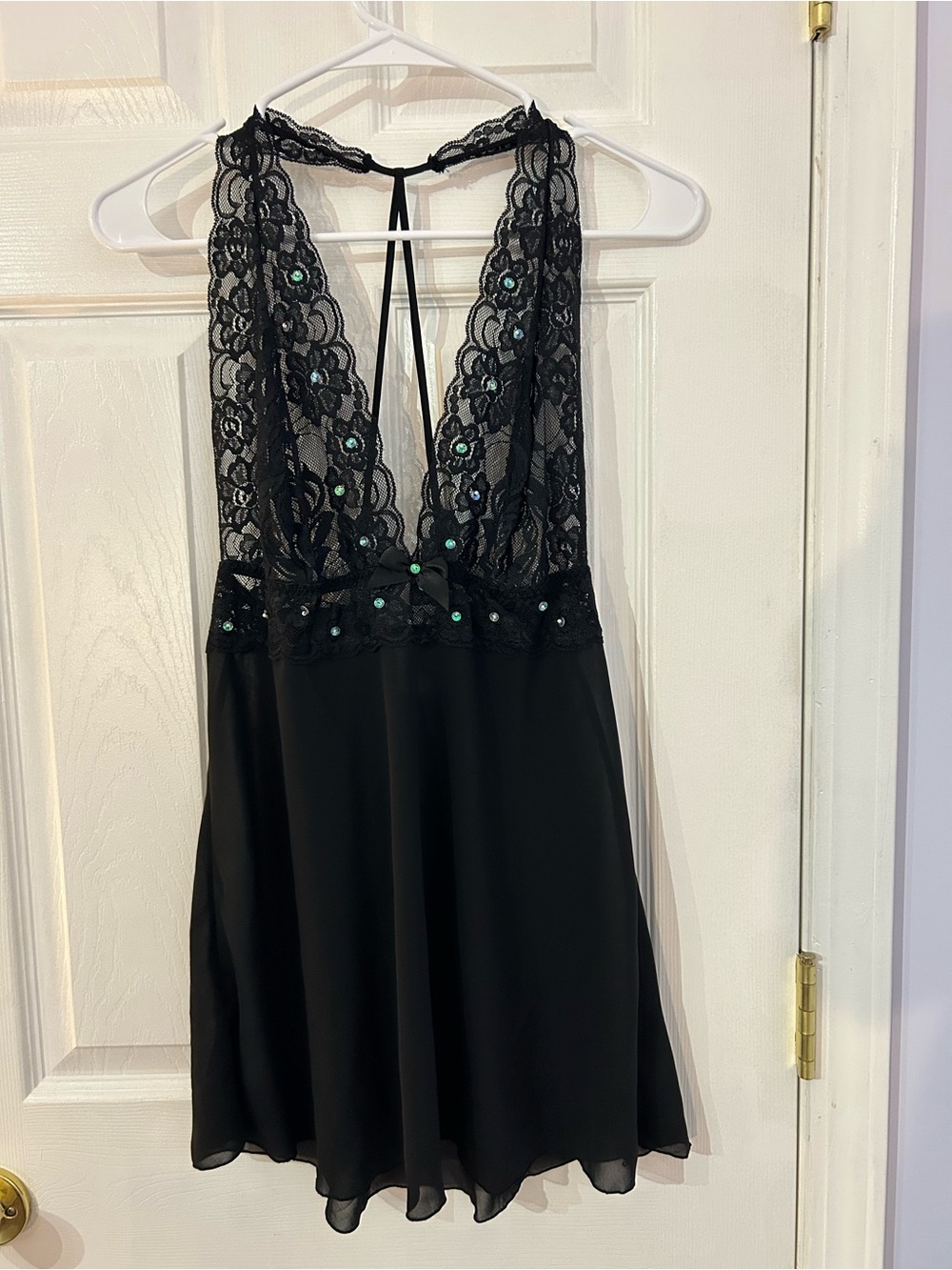 Fredericks Hollywood Vintage BlackLace Plunge Chemise Nightdress-Blue sparkle-XL